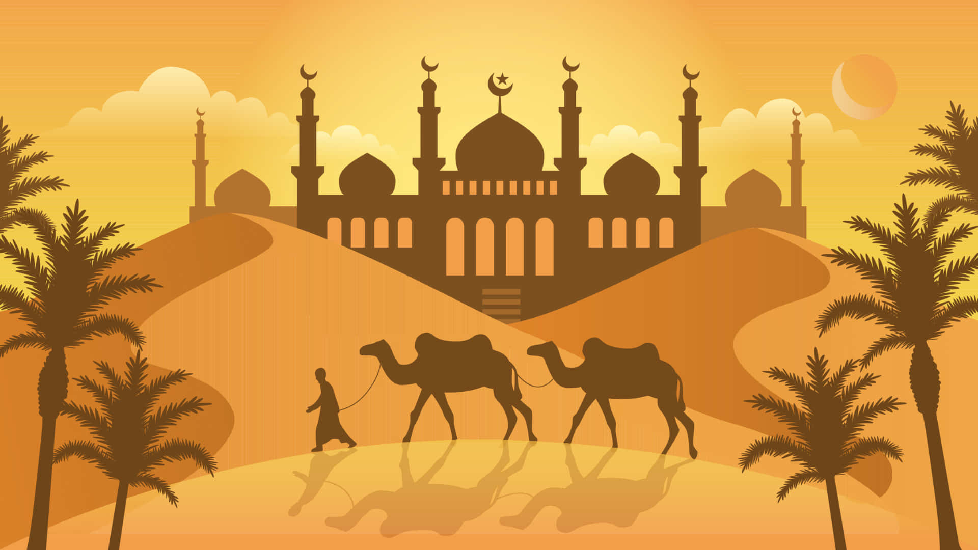 Desert Caravan Silhouette Mosque Background Background