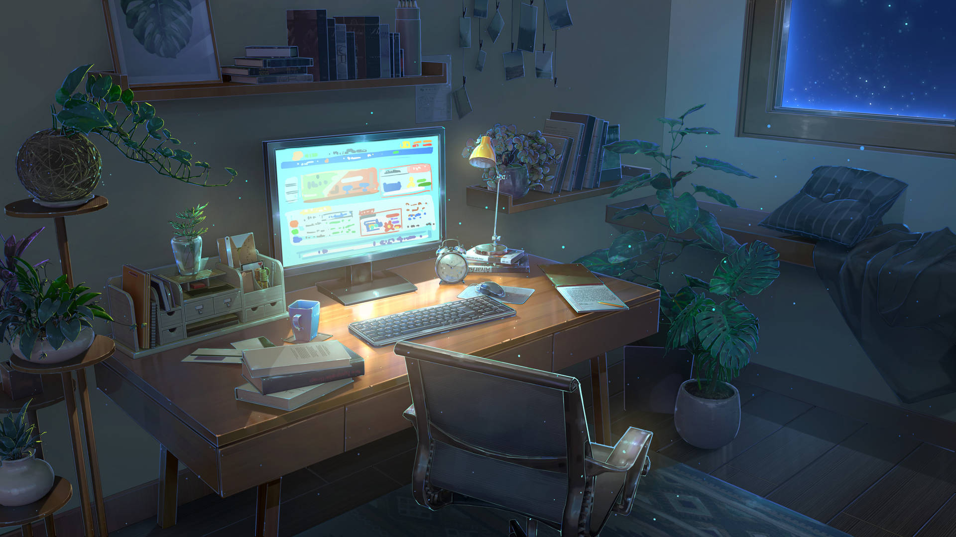 Desk With Potted Plants Anime Bedroom Background