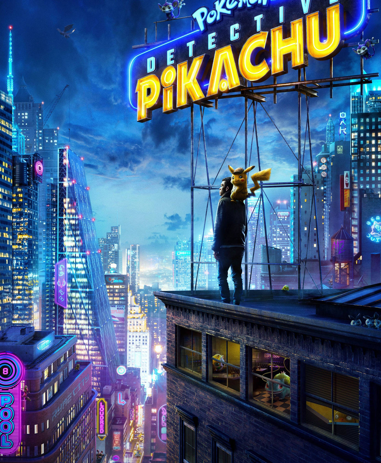 Detective Pikachu And Man On Rooftop Background