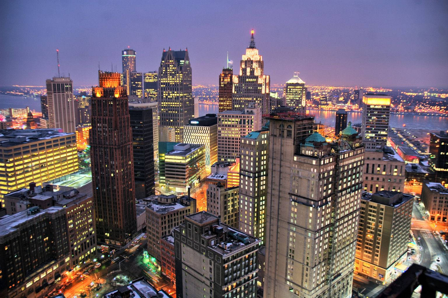 Detroit Financial District Night Aerial