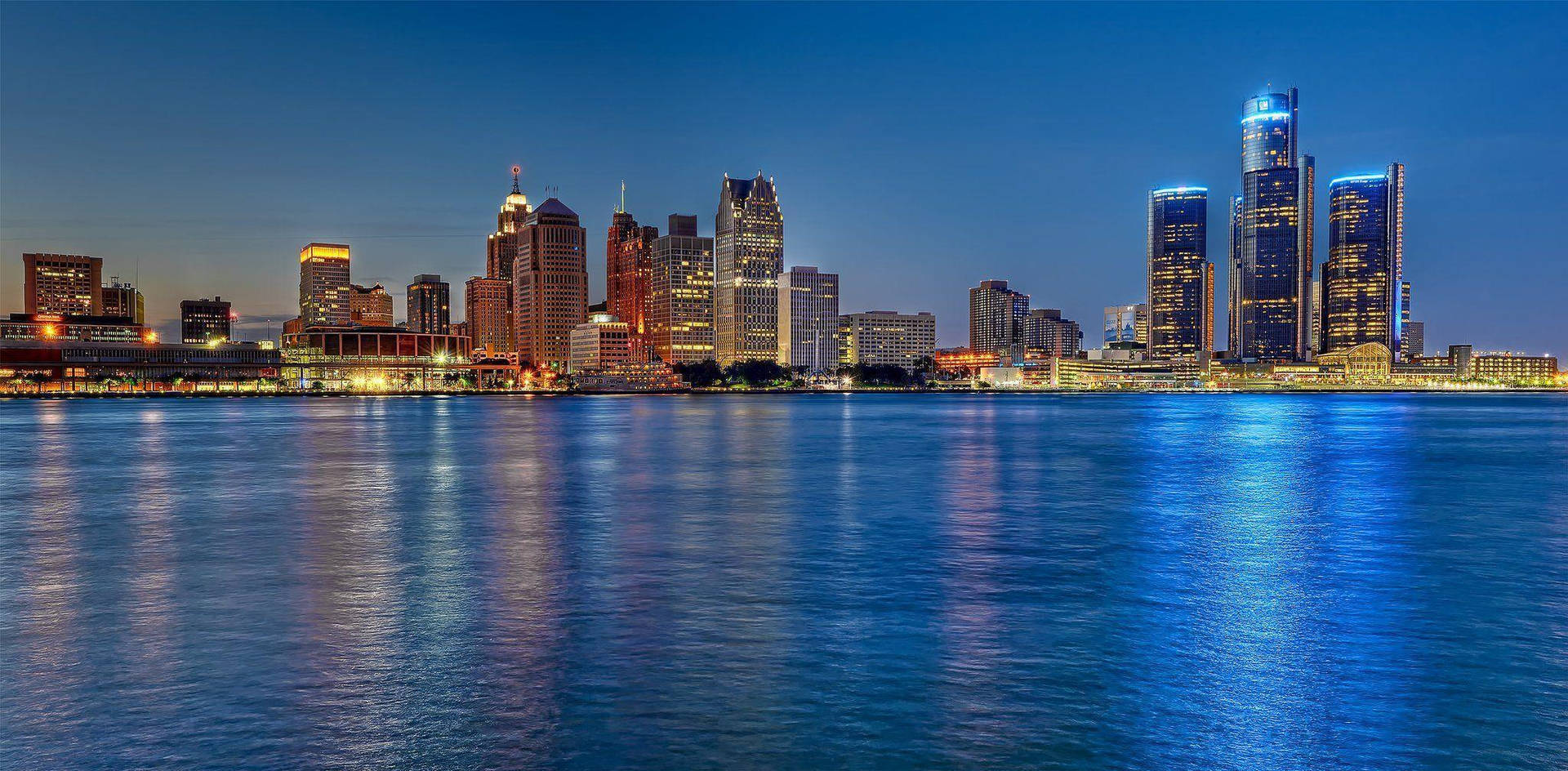 Detroit Night Skyline Lake