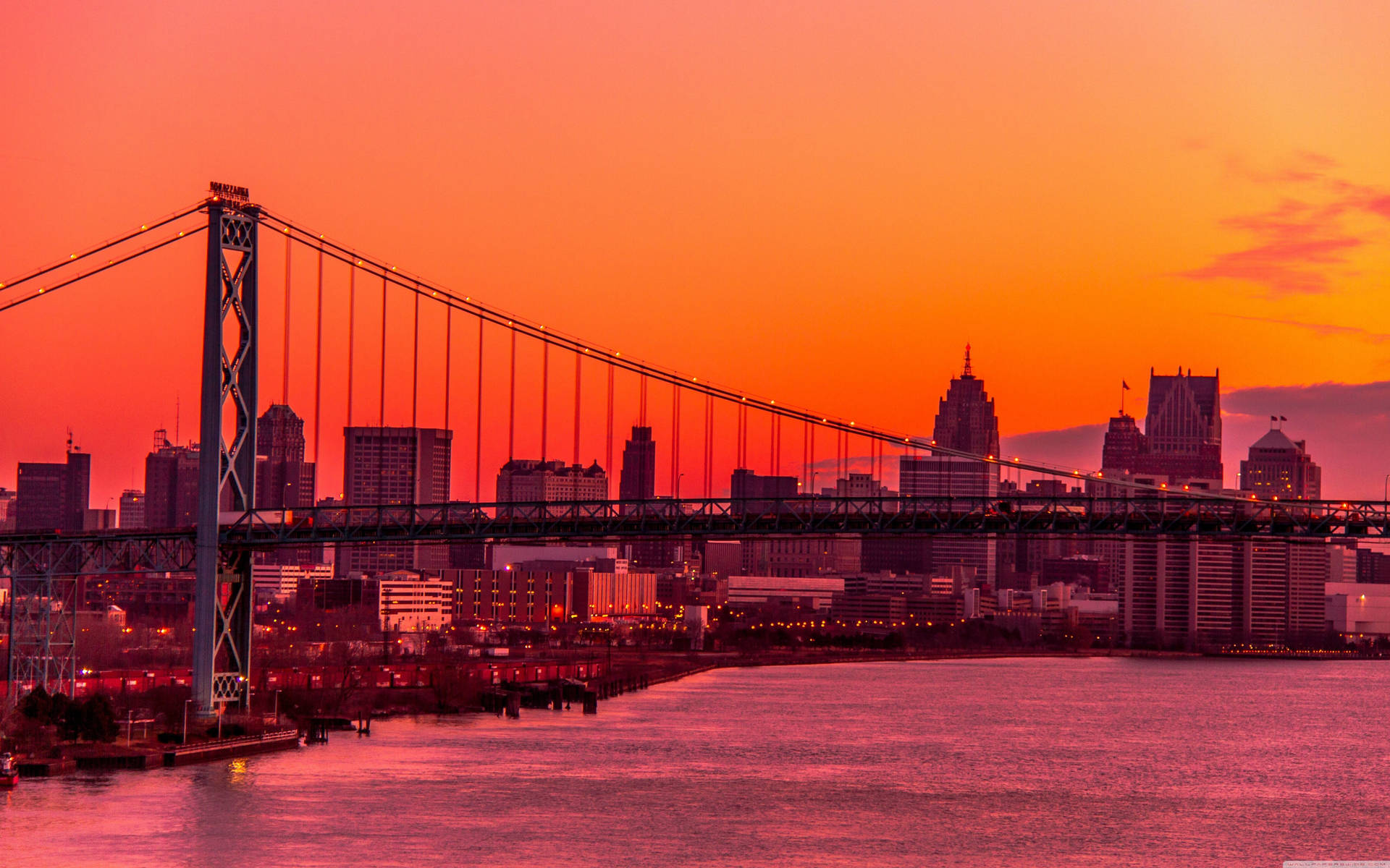 Detroit-windsor Bridge During Sunset Background