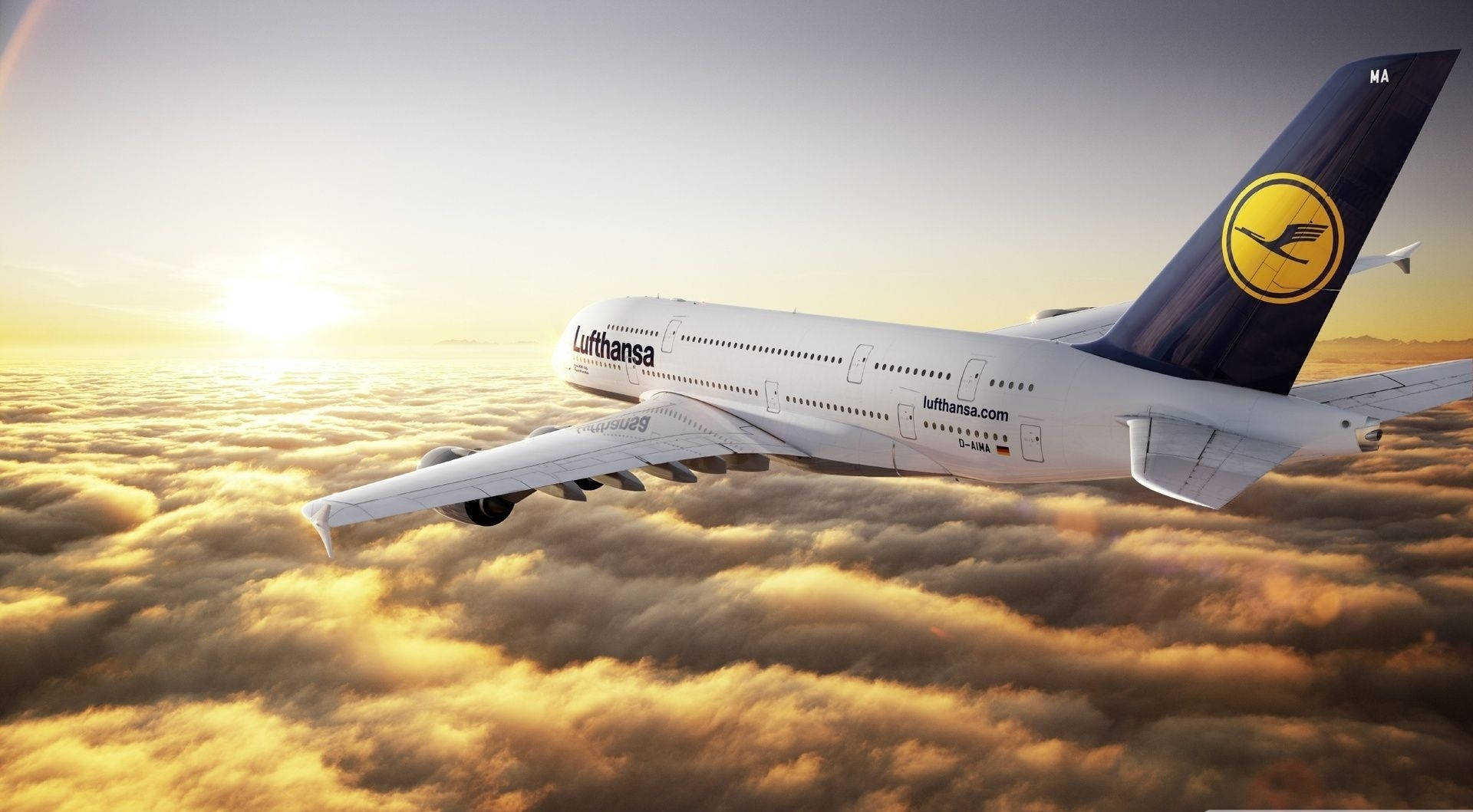 Deutsche Lufthansa Airplane On Golden Sky Background