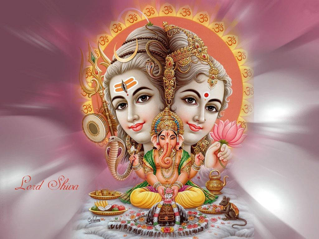 Devotional Portrait - Shiv Parivar With Grown-up Ganesha Background