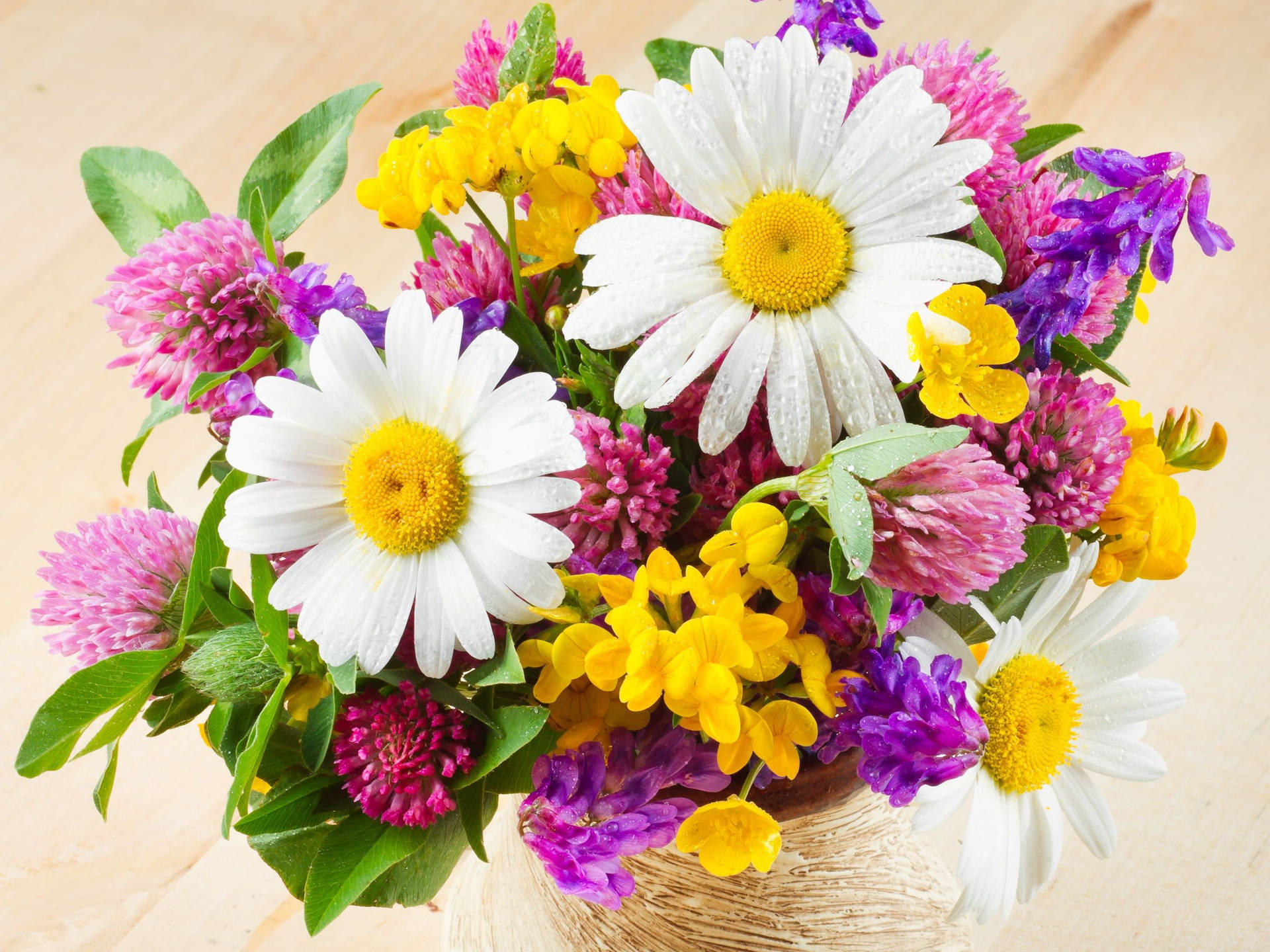 Dewy And Vibrant Flowers In Flower Vase