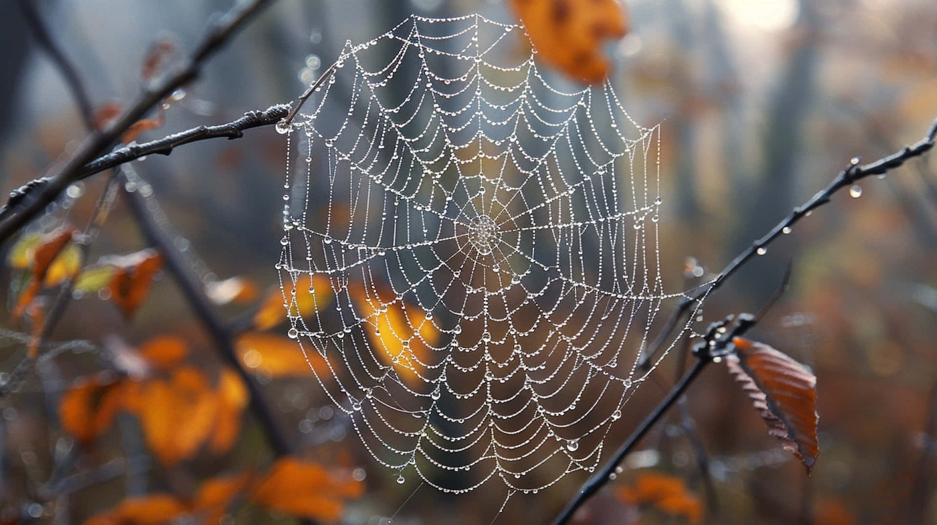 Dewy Spider Web Autumn Morning Background