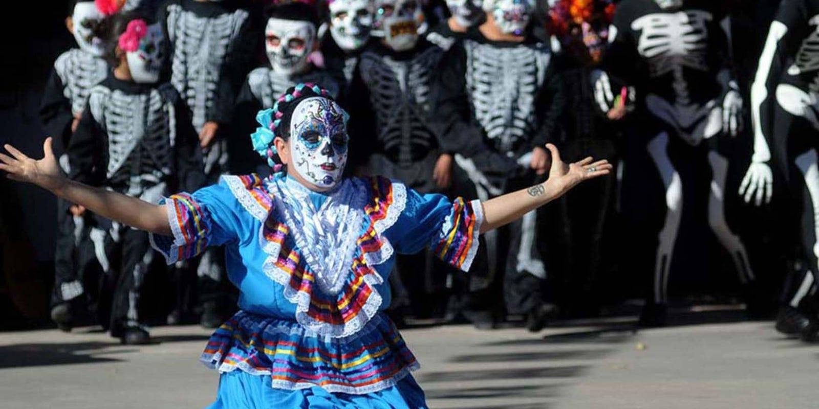 Dia De Los Muertos Costumed Dancer Painted Mask Background