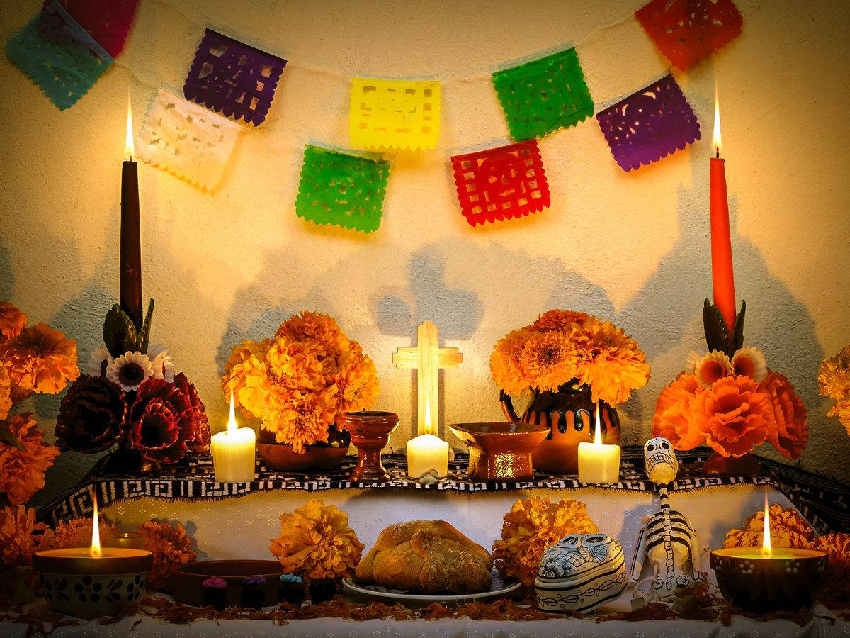 Dia De Los Muertos Decorated Altar Background