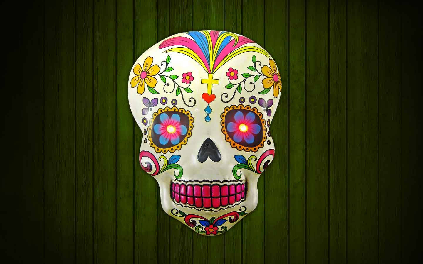 Dia De Los Muertos Skull Glowing Eyes Cross Background