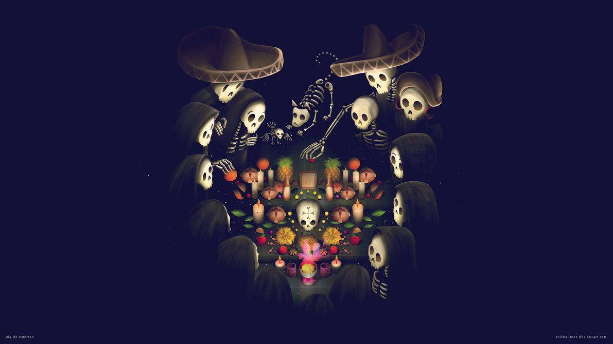 Dia De Los Muertos Skulls Skeletons Gathering Background