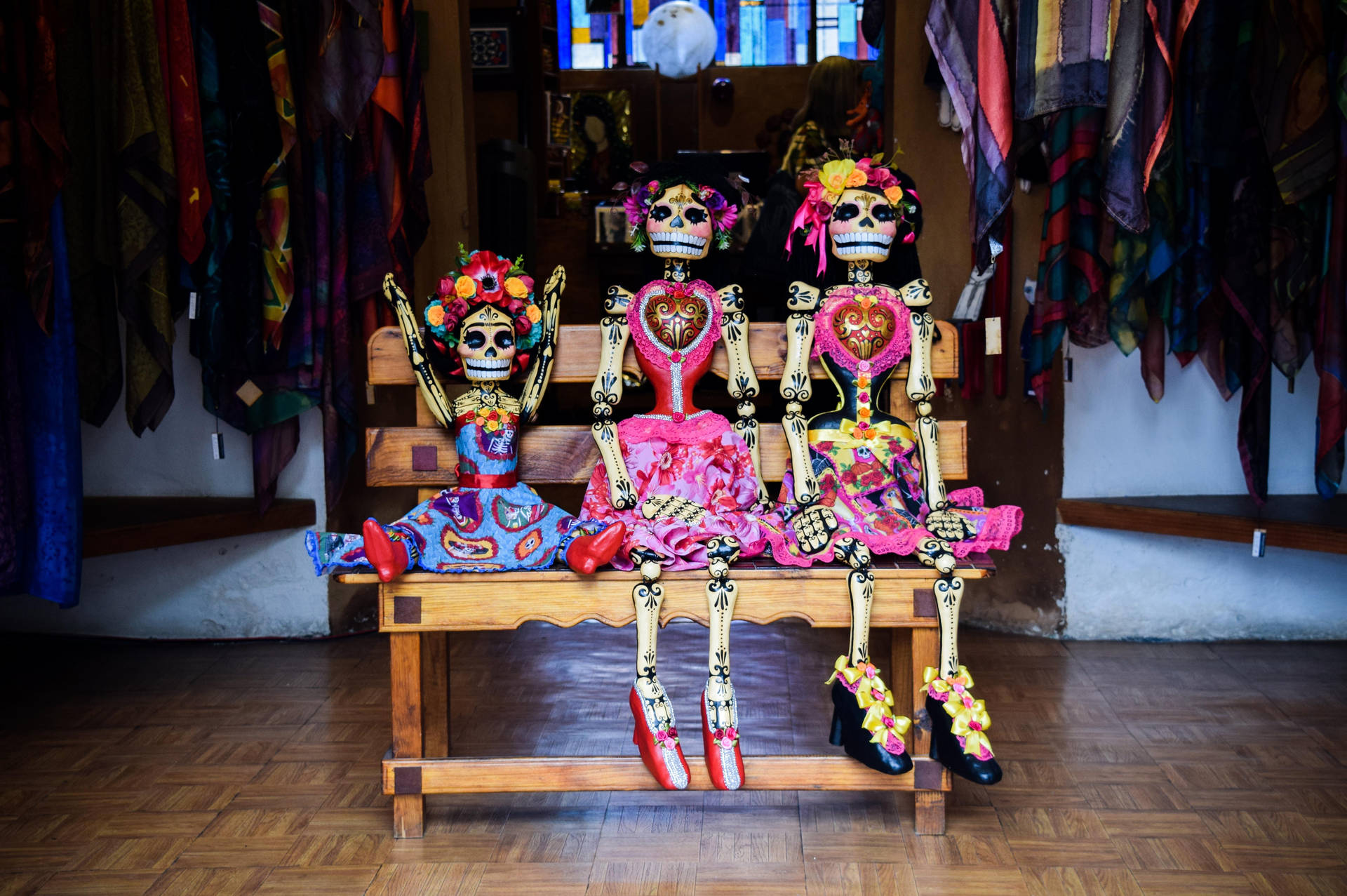 Dia De Los Muertos Three Skeletons Bench