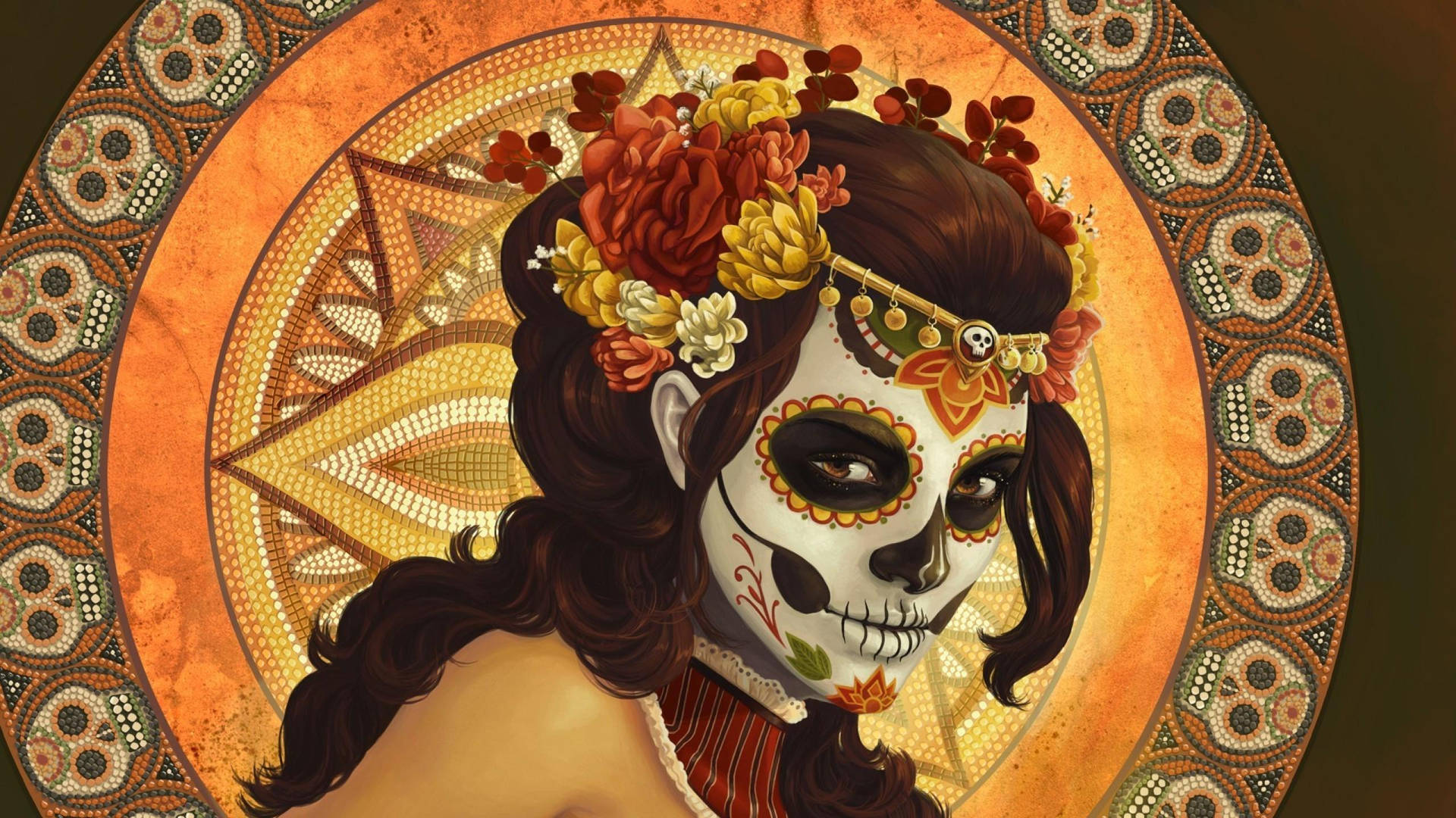 Dia De Los Muertos White Mask Woman Facing