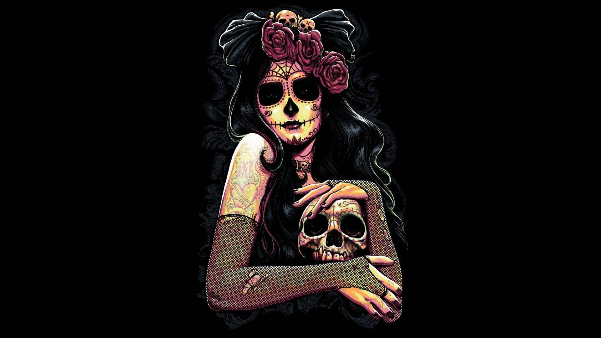 Dia De Los Muertos Woman Roses Skull Background