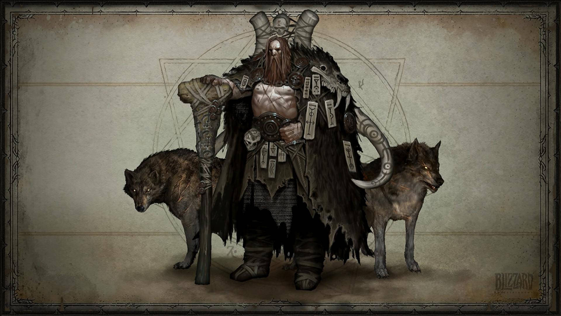 Diablo 4 Barbarian With Wolves Background