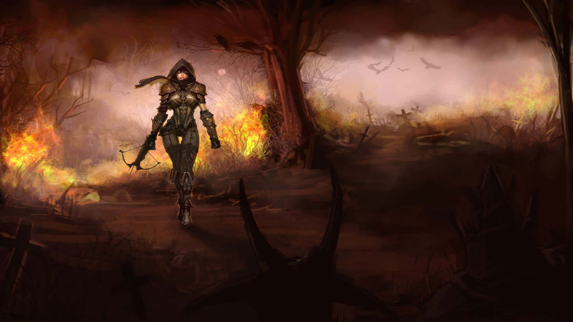 Diablo 4k Demon Hunter In Burning Woods Background