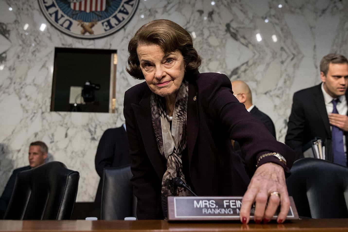 Dianne Feinstein With Her Name Placard Background