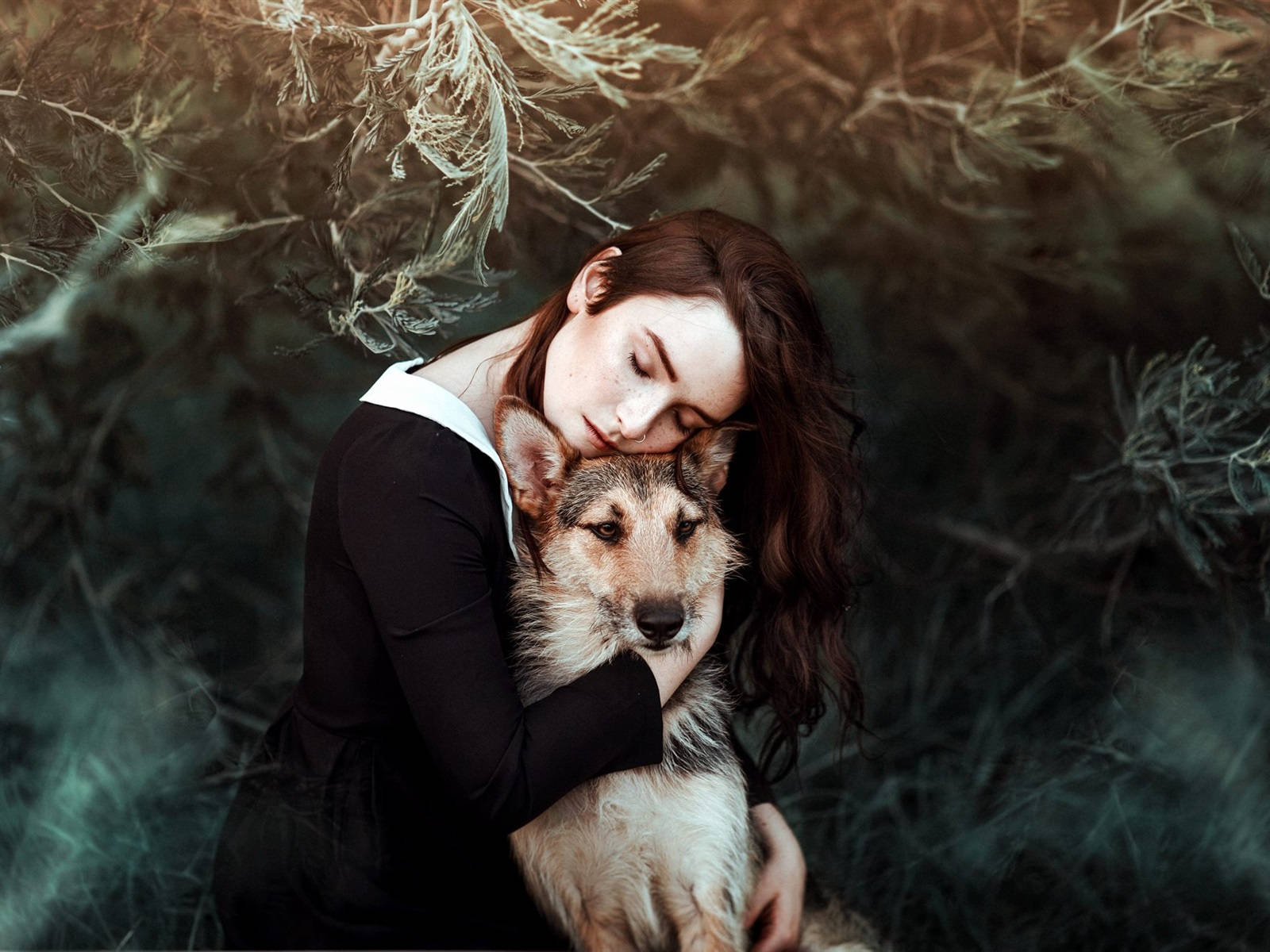 Digital Art Of A Dog And Girl Background