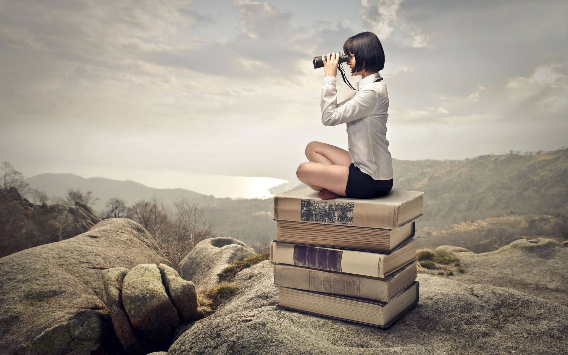 Digital Art Of A Girl With Telescope Seated On Books Background