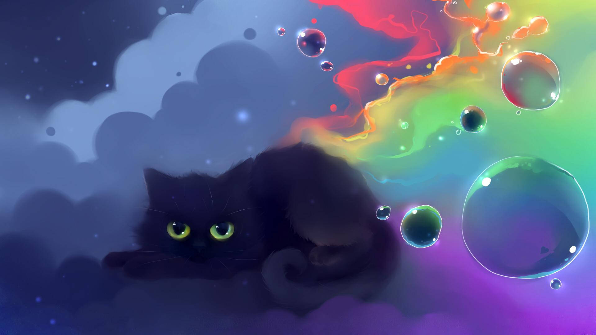 Digital Art Of Kawaii Cat Colorful Clouds Background