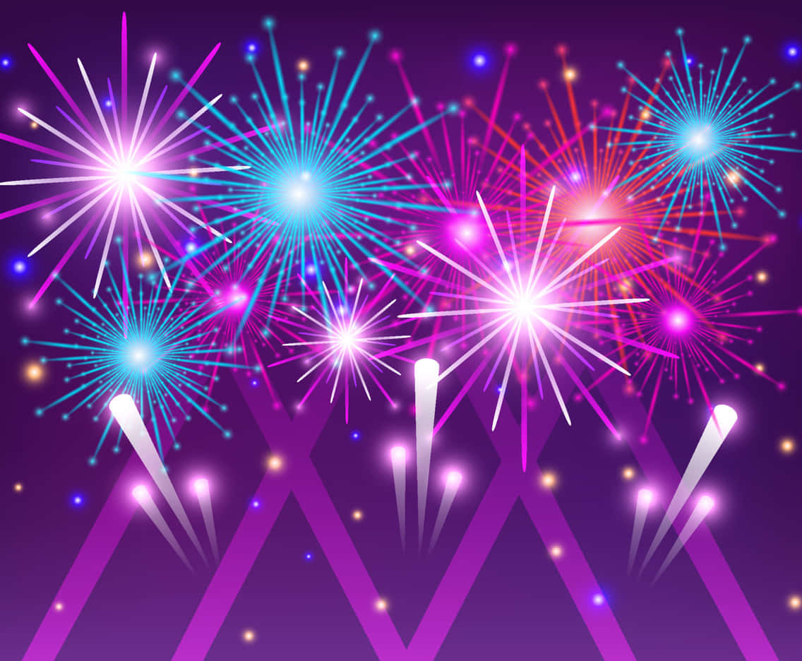 Digital Fireworks Display On Purple Background
