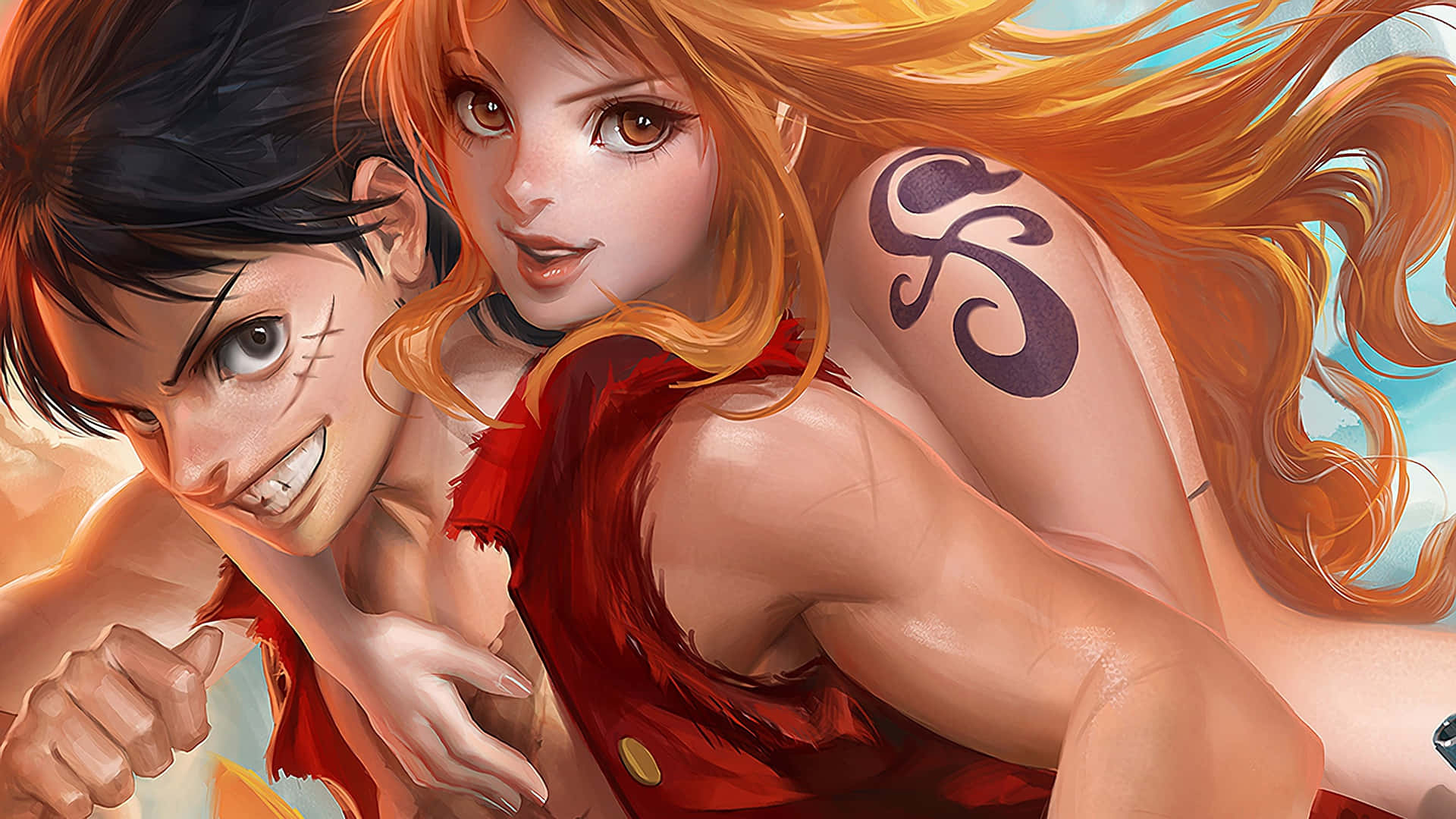 Digital Painting Luffy And Nami One Piece Background