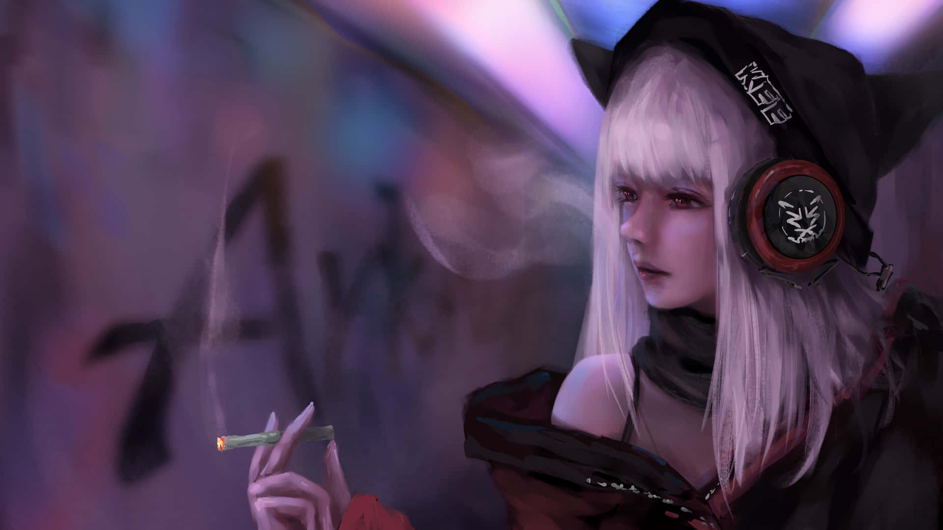 Digital Painting Of An Anime Girl Smoking Background