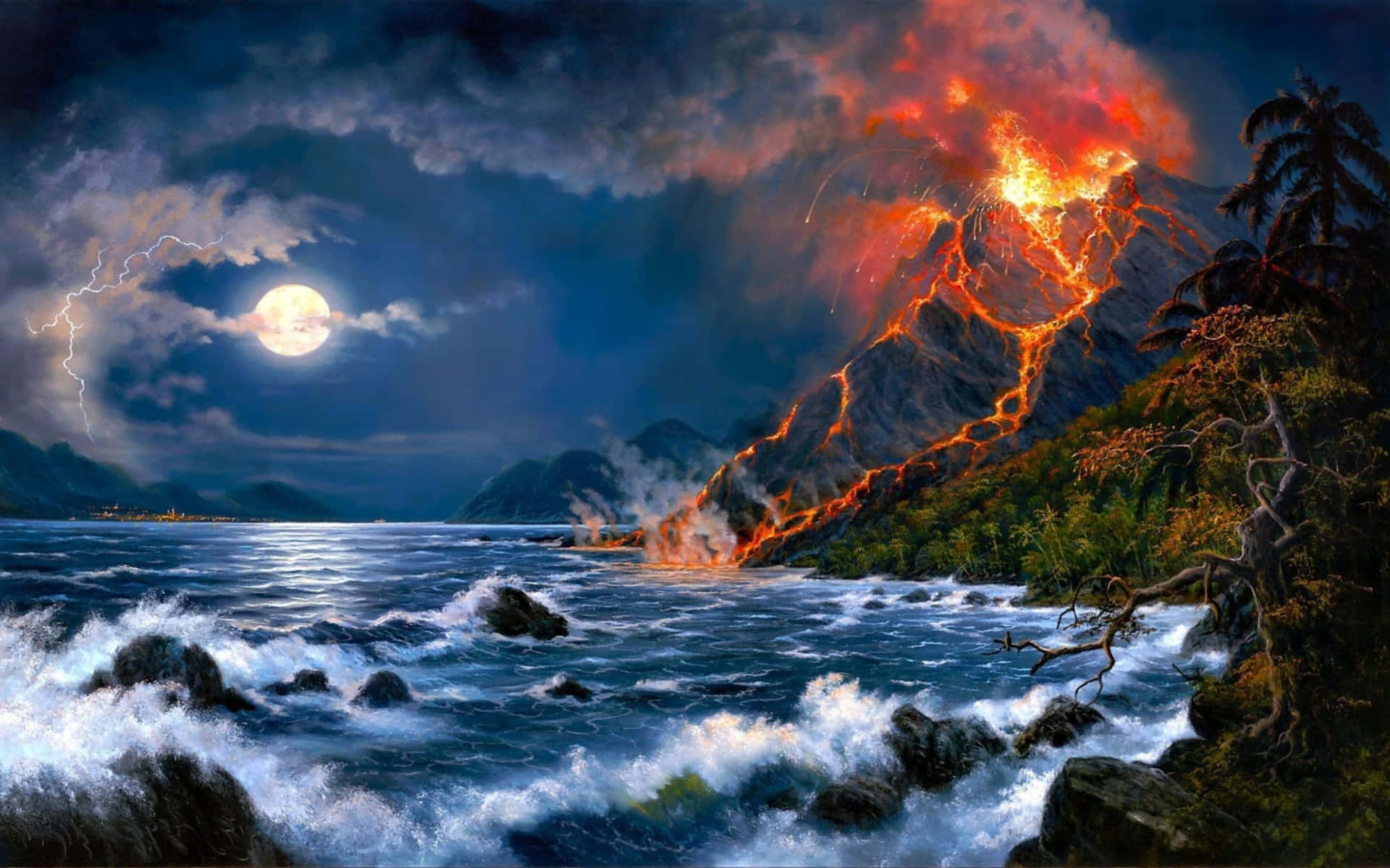 Digitally Painted Erupting Volcano Background