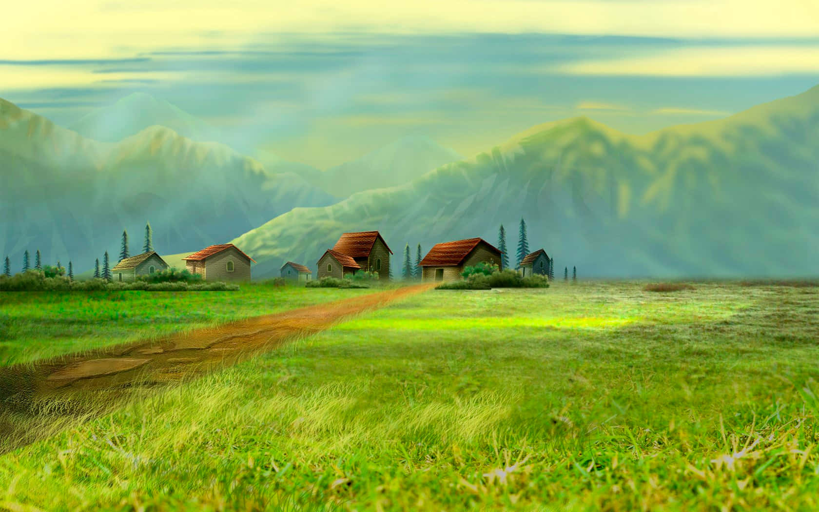 Digitally Painted Landscape Small Hill Village Background