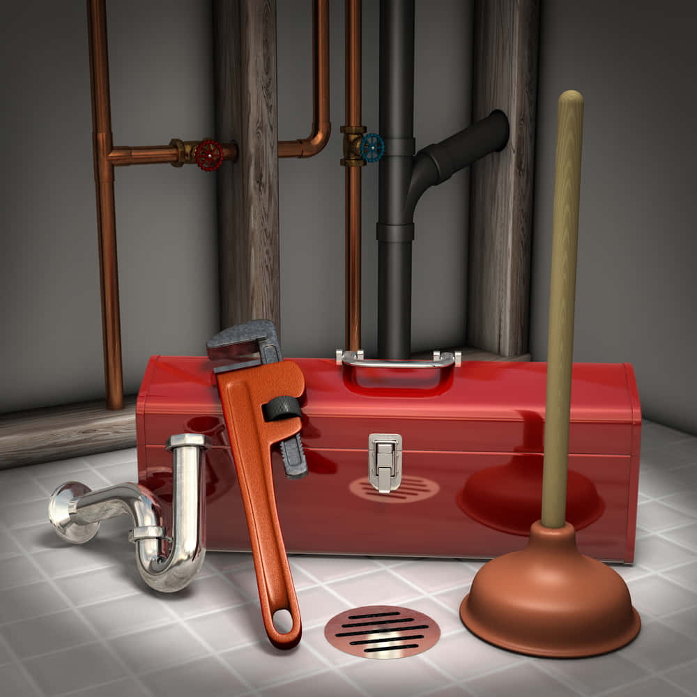 Digitally Rendered Plumbing Service Tools And Pipes Background