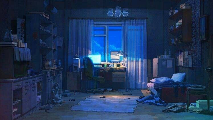 Dim Anime Room With Laptop Turned On Background