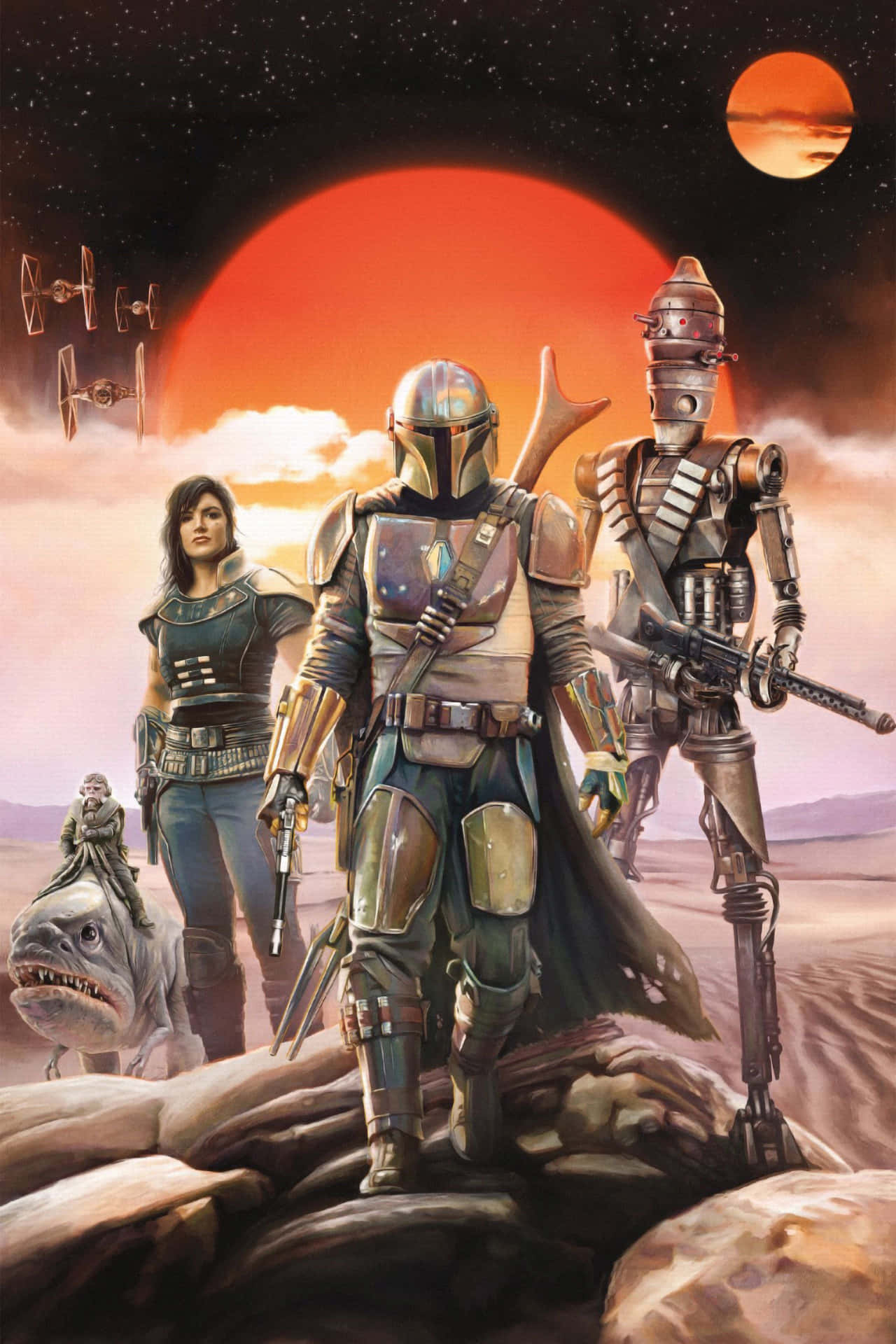 Din Djarin With Characters The Mandalorian Iphone Background