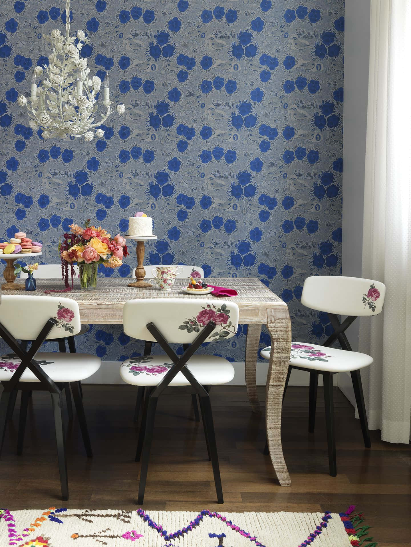 Dining Room With White Floral Chairs