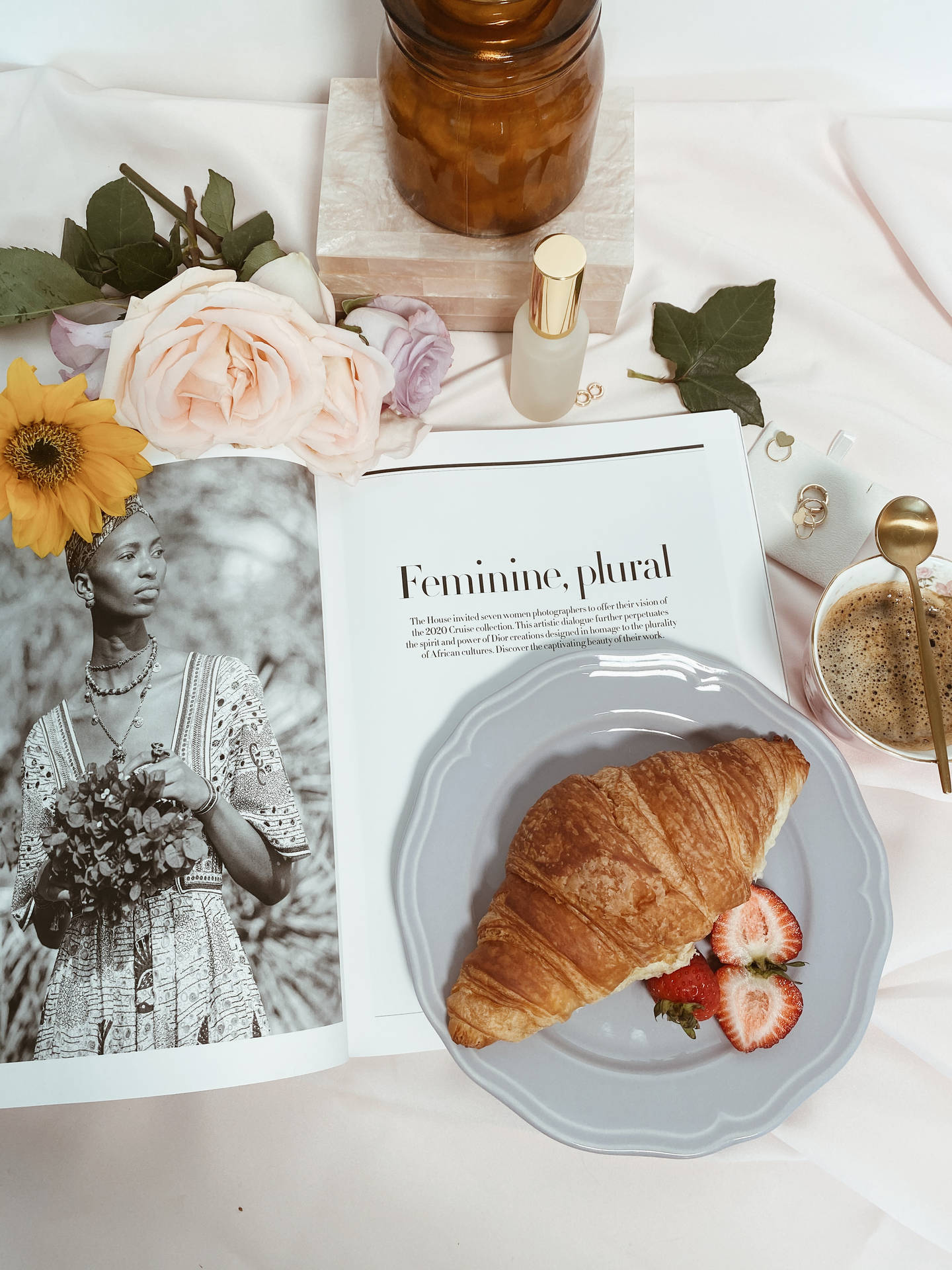 Dior Magazine And Croissant Background