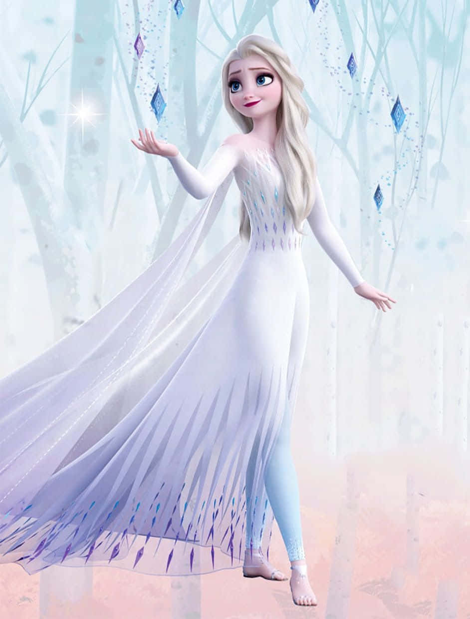 Disguised As A Snow Queen, Elsa Captivates In Her Icy White Dress. Background