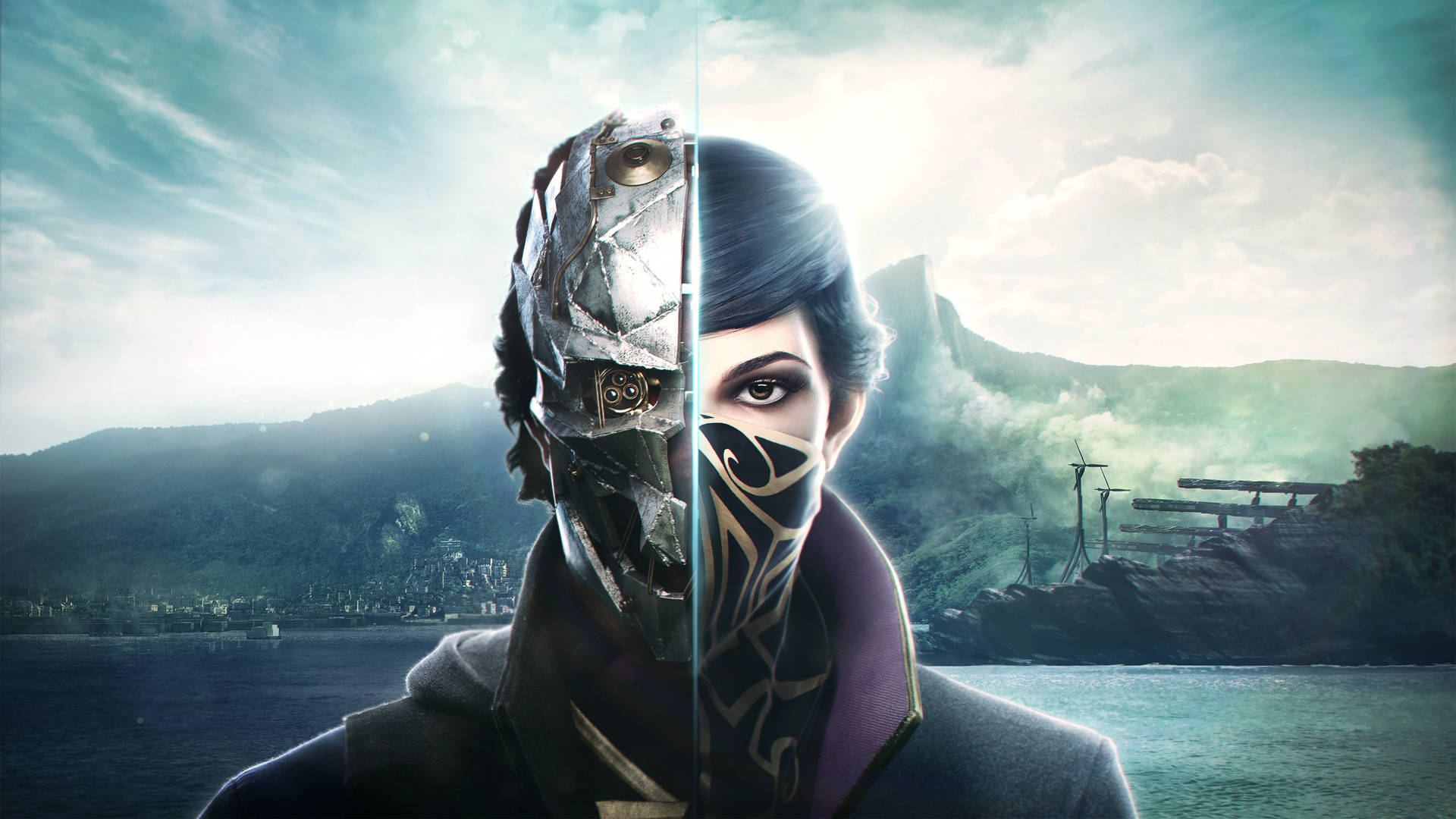 Dishonored 2 Corvo And Emily Half Face Background