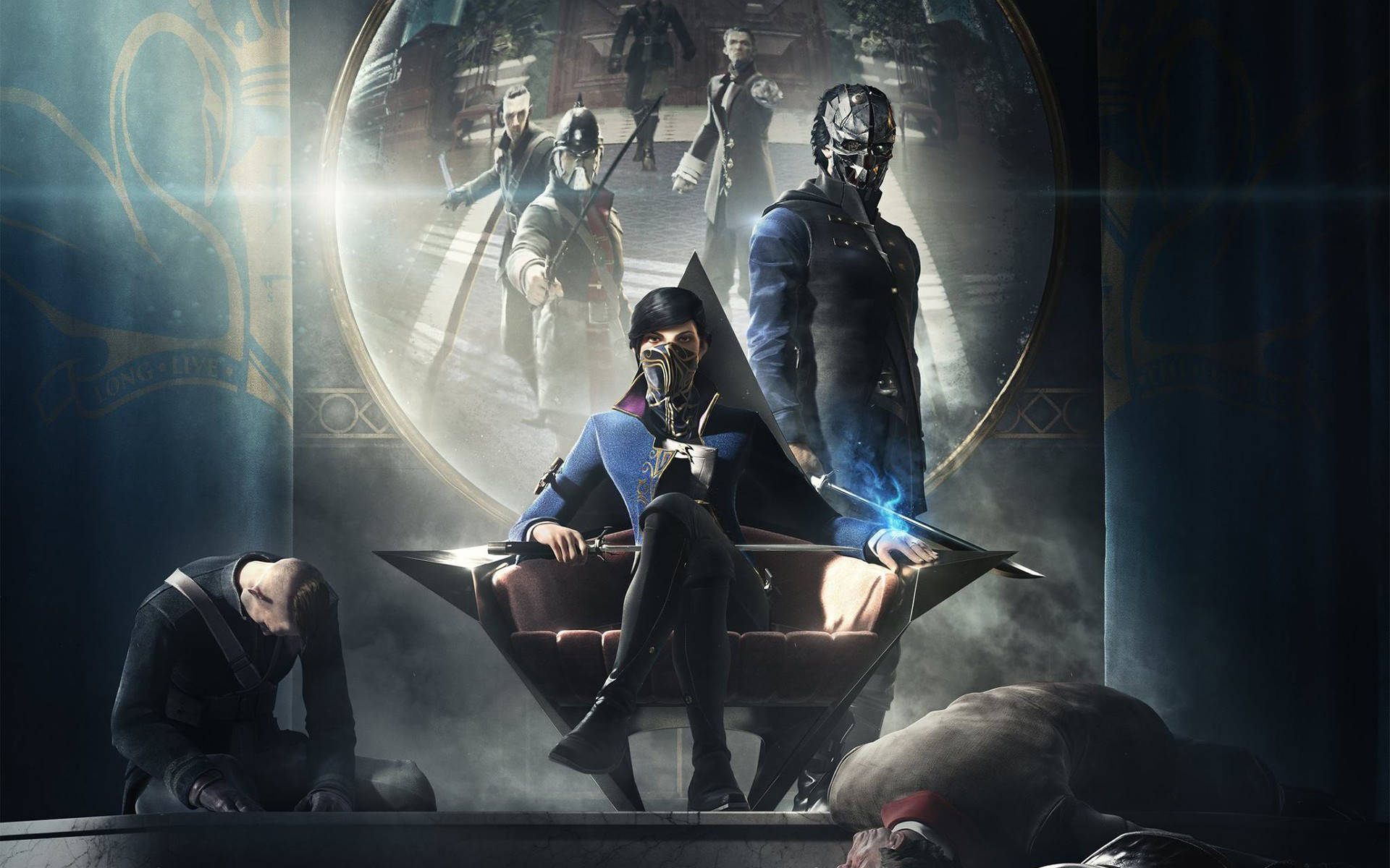 Dishonored 2 Emily And Corvo With Defeated Enemies Background