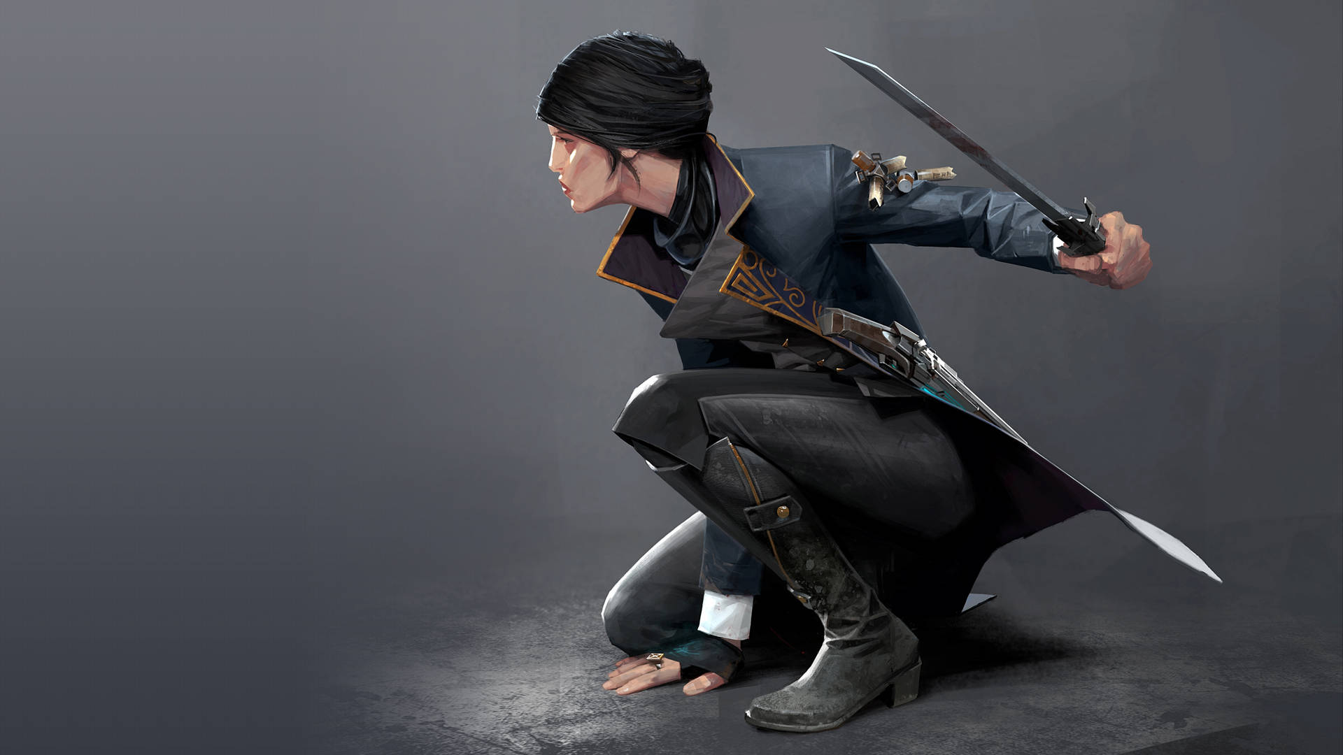 Dishonored 2 Emily Kaldwin Facing Left With Blade Background