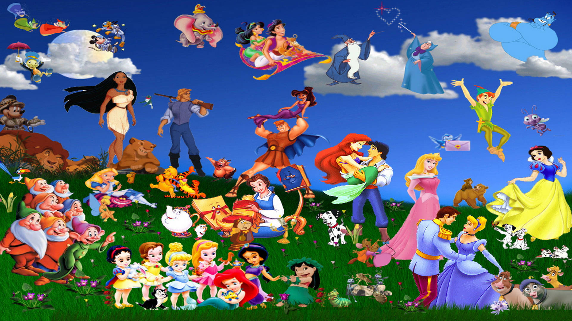 Disney Characters In Grassland Background