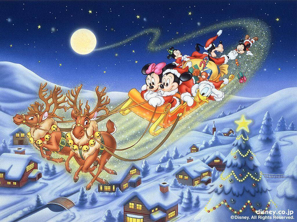 Disney Christmas Mickey In Sleigh Background