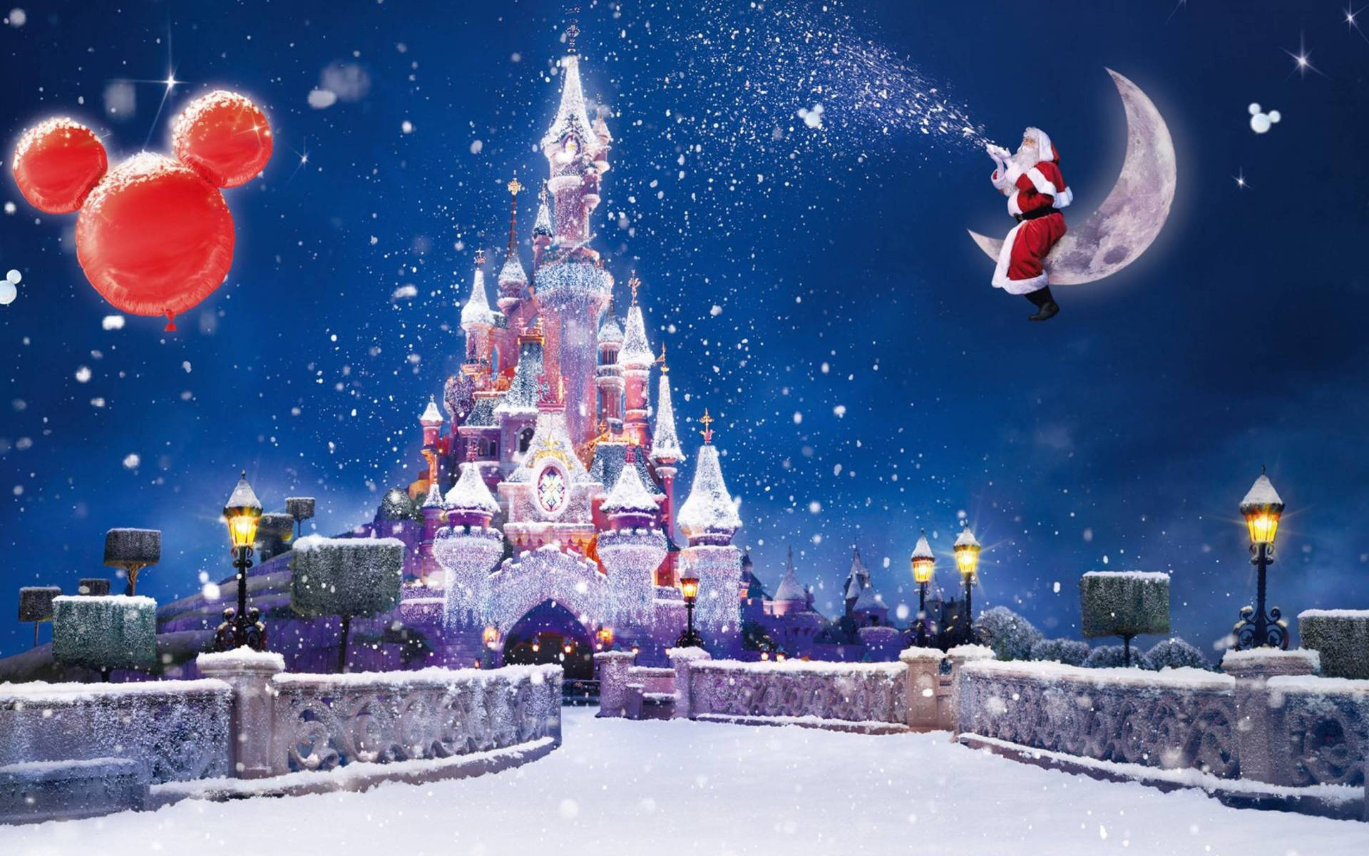 Disney Christmas Santa In Disney Castle Background