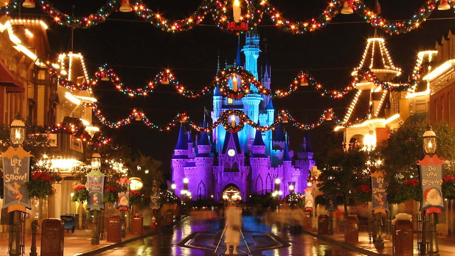 Disney Computer Disney Castle Street View At Night Background