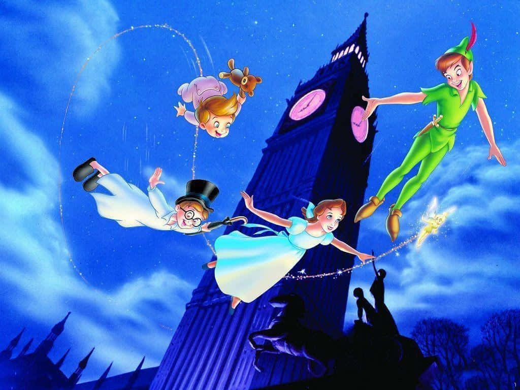 Disney Computer Peter Pan Flying With Friends Background