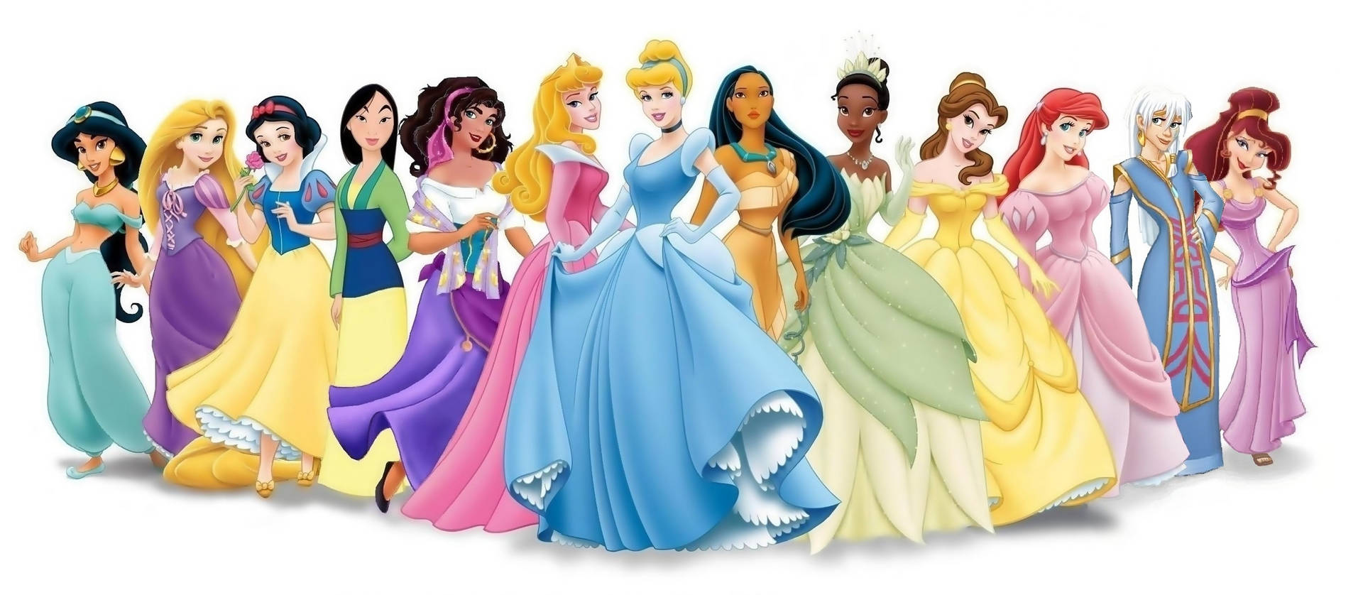 Disney Princesses In Colorful Dresses Background