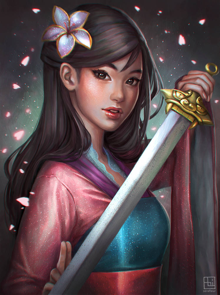 Disney's Mulan Looking Beautiful With Flower Flakes Background