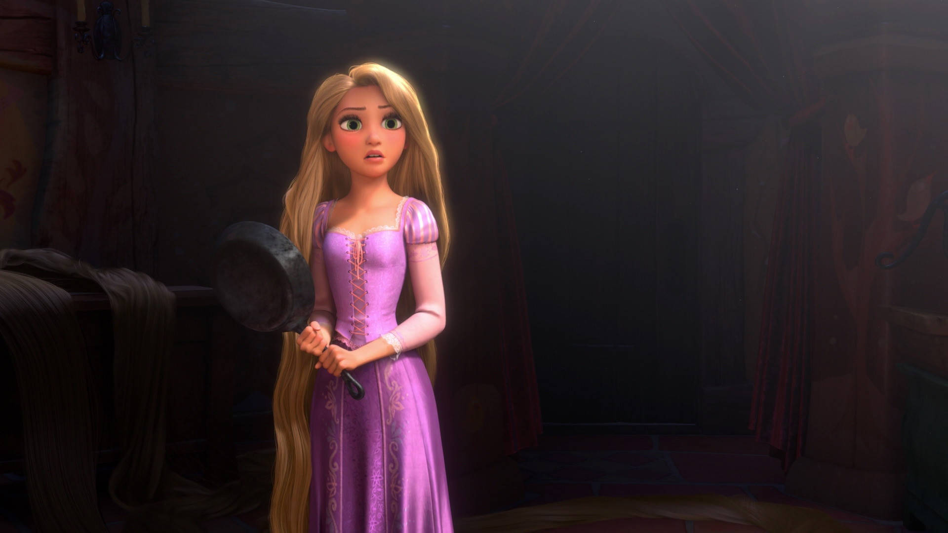 Disney's Rapunzel Holds A Frying Pan In One Hand While The Other Reaches For The Sky Background