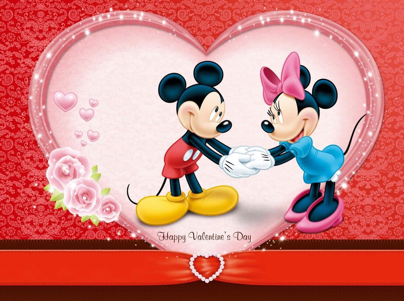 Disney Valentine With Mickey And Minnie In A Heart Background