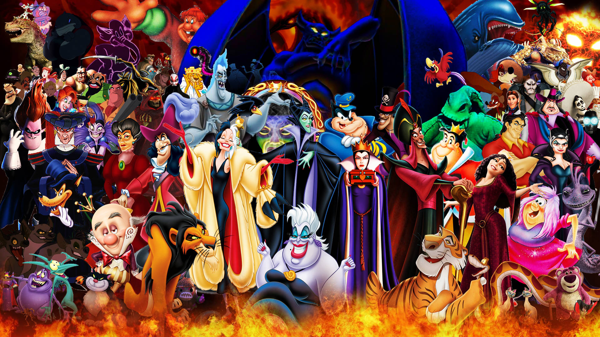 Disney Villains In Fire Background