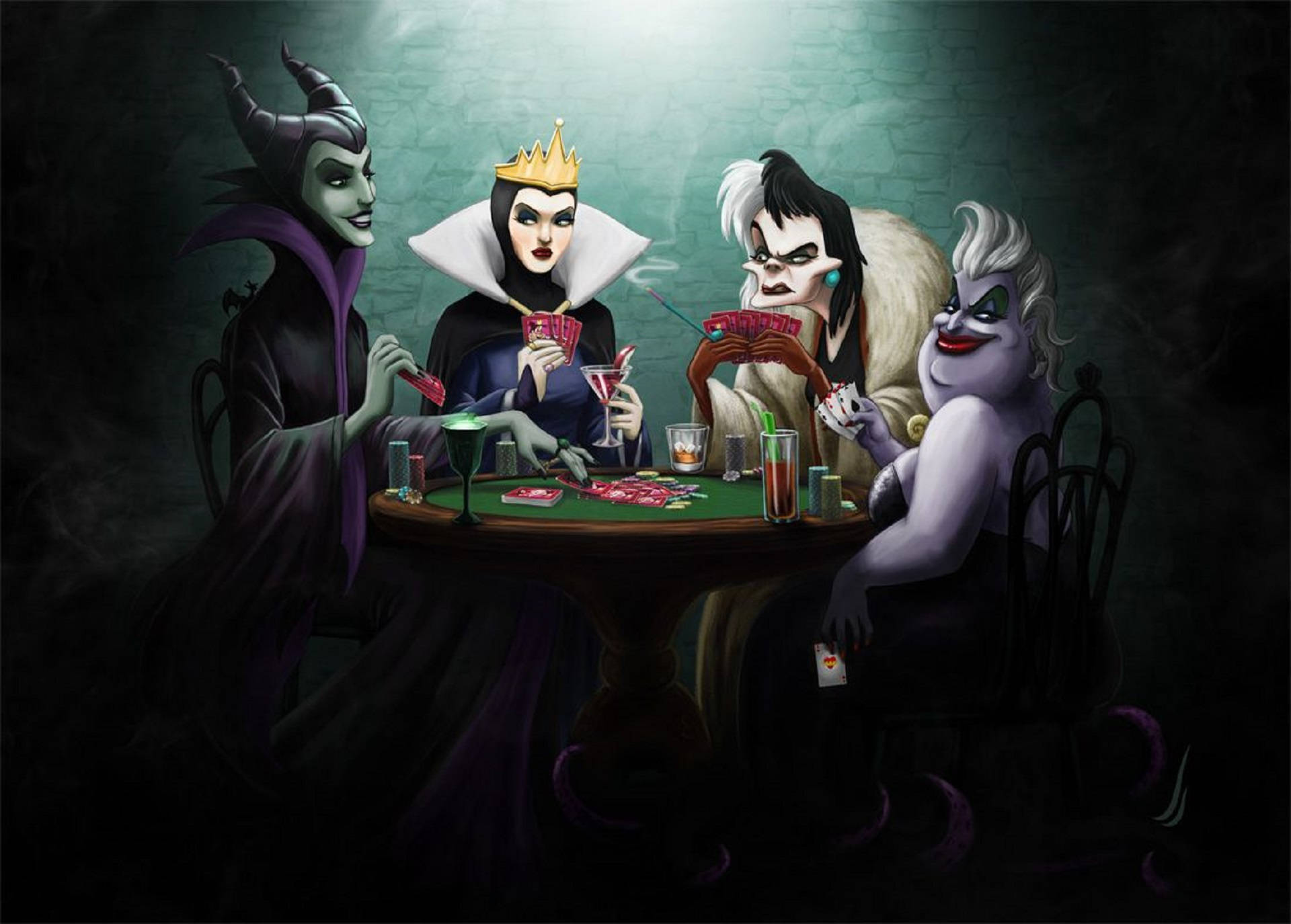 Disney Villains In Gambling Room Background