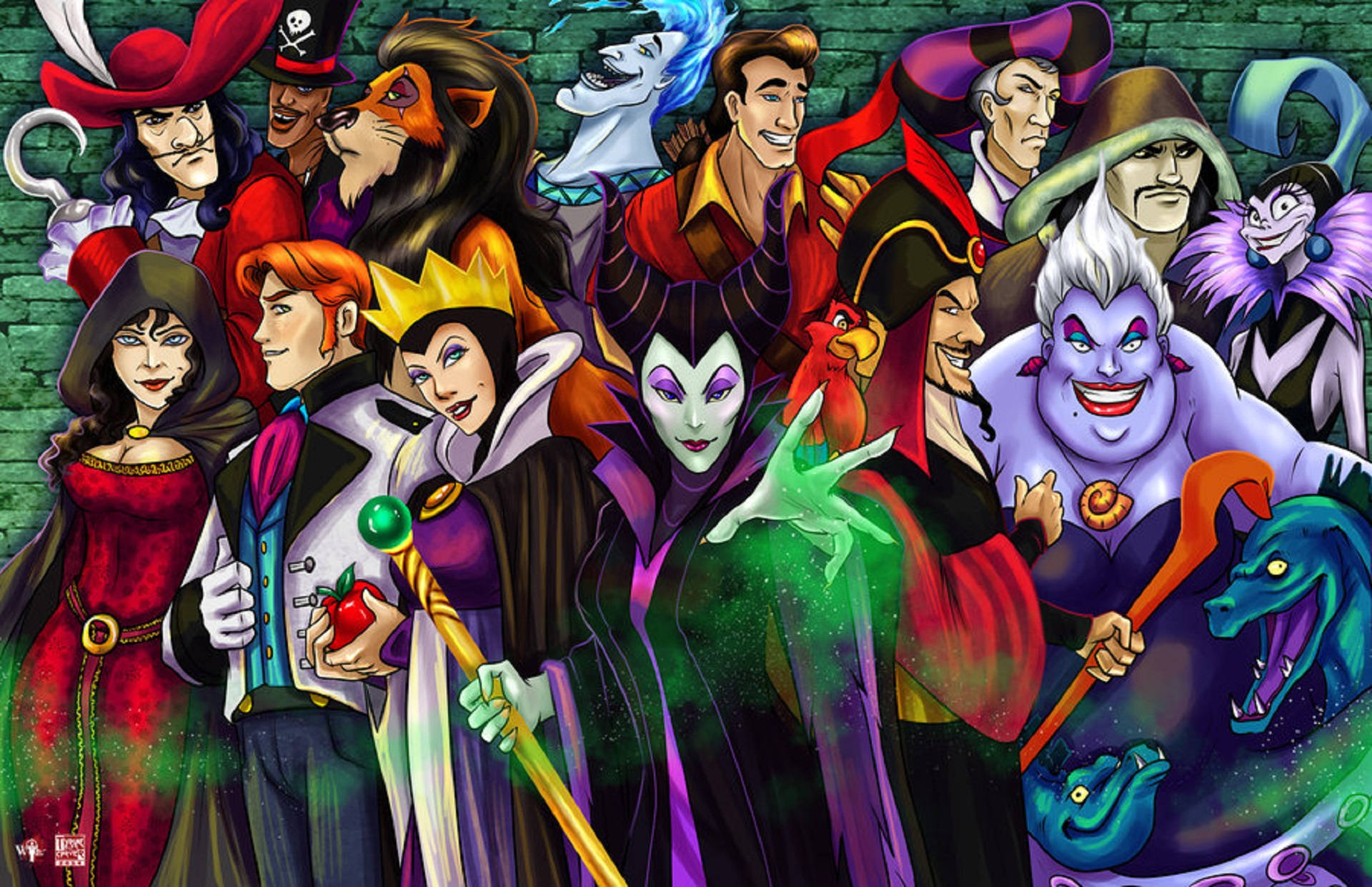 Disney Villains In Green Wall Background