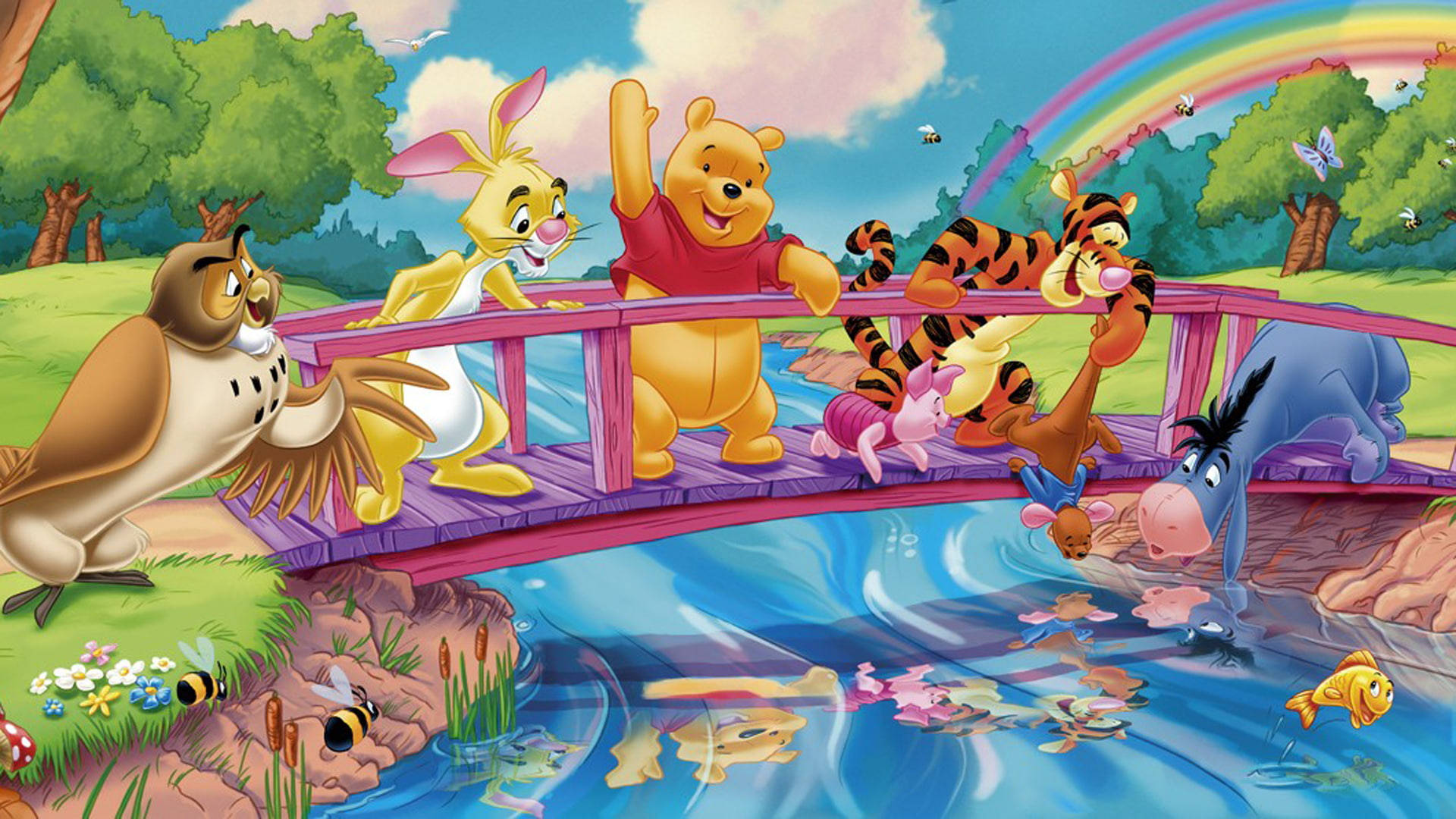Disney Winnie The Pooh And Friends On A Bridge Background